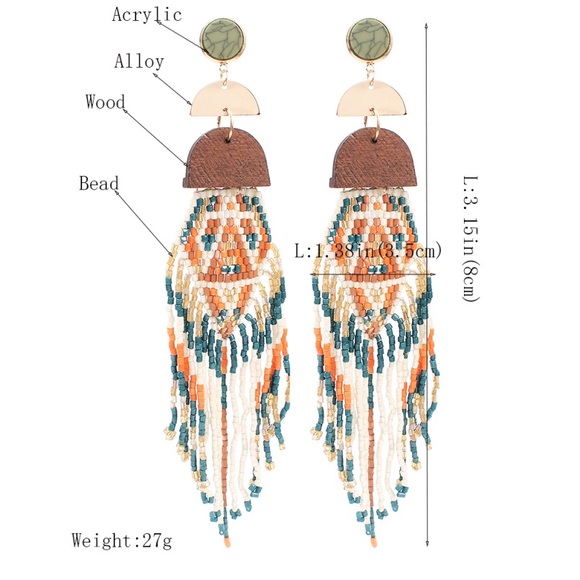 Western Boho Beaded Long Fringe Dangle Earrings - Picture 4 of 5